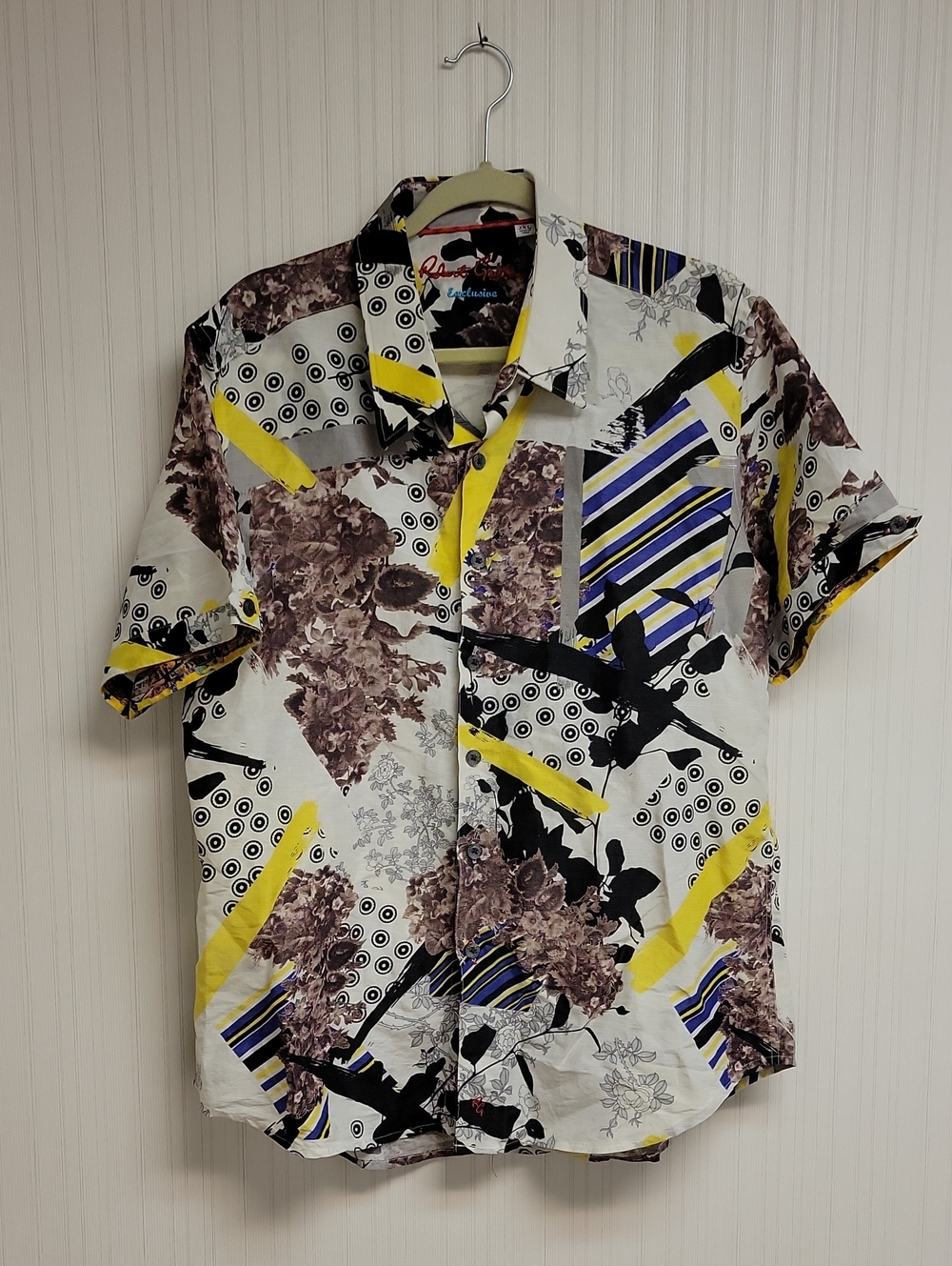 Robert Graham Short Sleeve Silk Linen Shirt in Yellow, Black, Brown & White 2XL